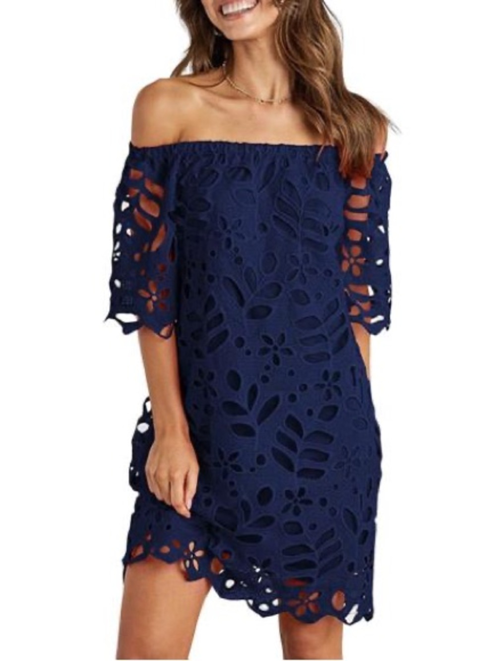 Pretty Garden Navy Off The Shoulder Floral Laser-Cut Lace Mini Dress Size M NWT